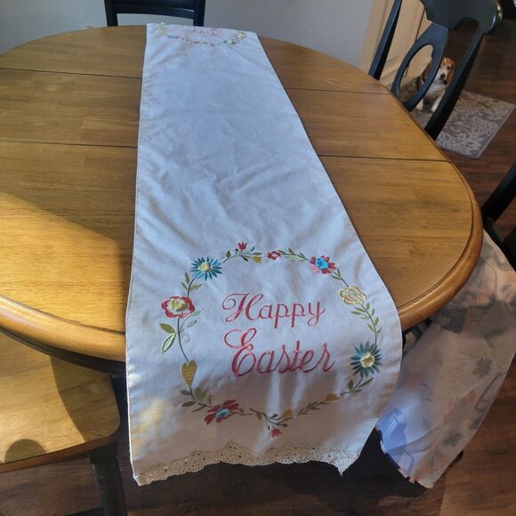 Easter Table Runner 14 × 74 Embroidered Happy Easter Floral ring Linen Feel - Picture 5 of 10